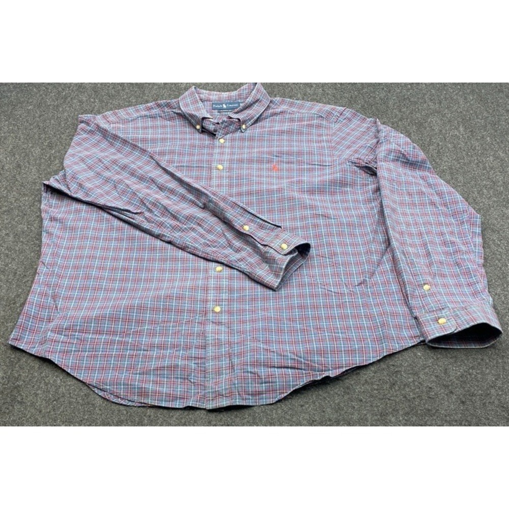 Ralph Lauren Button Down Shirt Mens XXL Blue Plaid Classic Fit Long Sleeve Pony